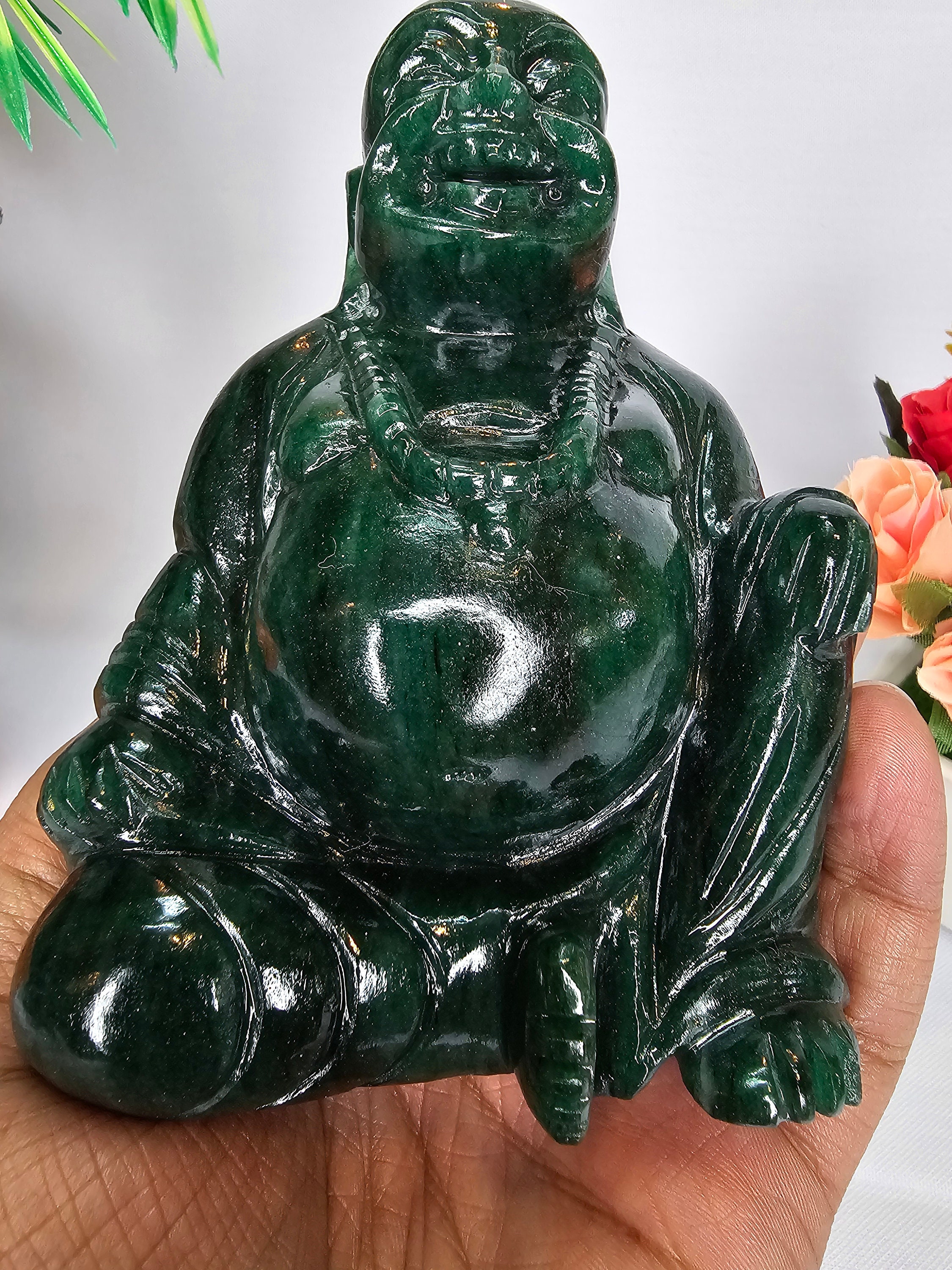 グリーン翡翠の幸せな笑い仏、平和の禅仏、菩薩、瞑想の装飾、ヨガの像