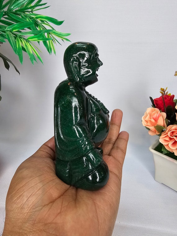 グリーン翡翠の幸せな笑い仏、平和の禅仏、菩薩、瞑想の装飾、ヨガの像