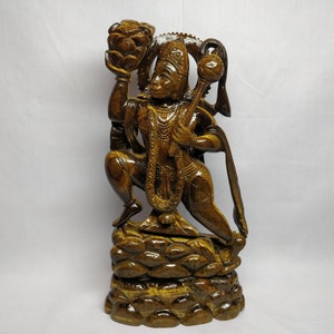 Tigereye Hanuman Statue, Hanuman Carrying Mountain and Gada, Indian Bahubali, Bajrangbali Idol Ram bhakt Monkey God of Strength & Power
