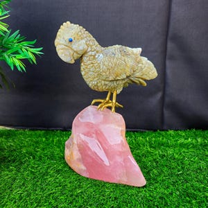 宝石の鳥が岩の上にいる、オパールのオウムがローズクォーツの上にいる、磨かれた石の鳥、クリスタルの装飾、クリスタルのギフト、クラスター標本に止まっている鳥