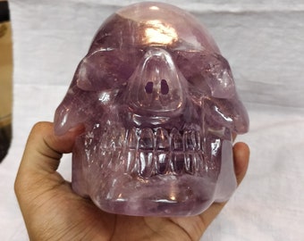 Carved Chevron Amethyst Skull Statue | Gothic Home Decor | Altar Meditation Gift | Halloween Decor