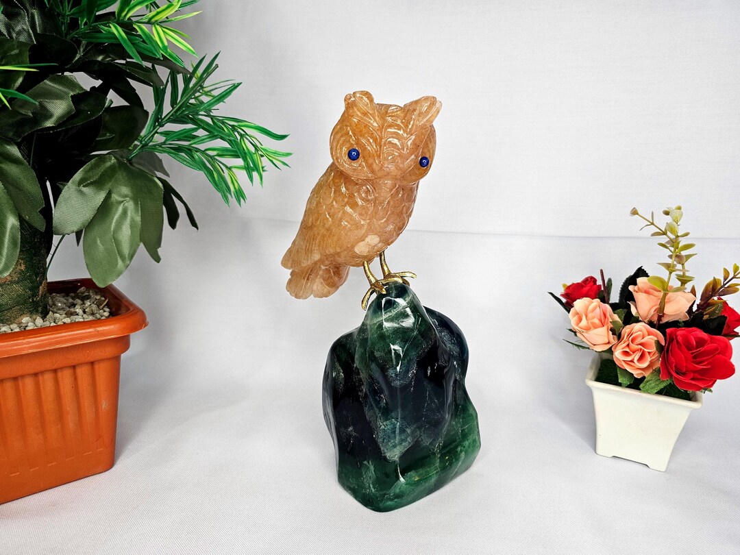 Birds on Crystal, Orange Quartz Owl on Fluorite, Gemstone Bird Carving ...
