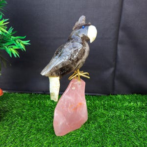 GemStone Birds on Rocks, Smoky Quartz Parrot On Rose Quartz, Polished Stone Birds, Crystal Decor, Crystal Gifts, Birds on Clusters Specimens