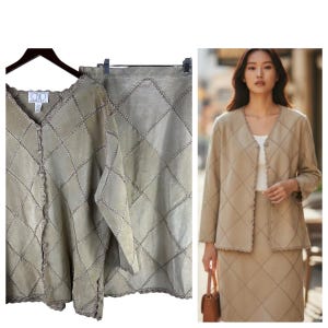 May include: A two-piece women's outfit featuring a jacket and skirt. The jacket and skirt are a light tan color with a diamond pattern and scalloped edges. The jacket has a V-neck and button closure. The skirt is a straight cut.