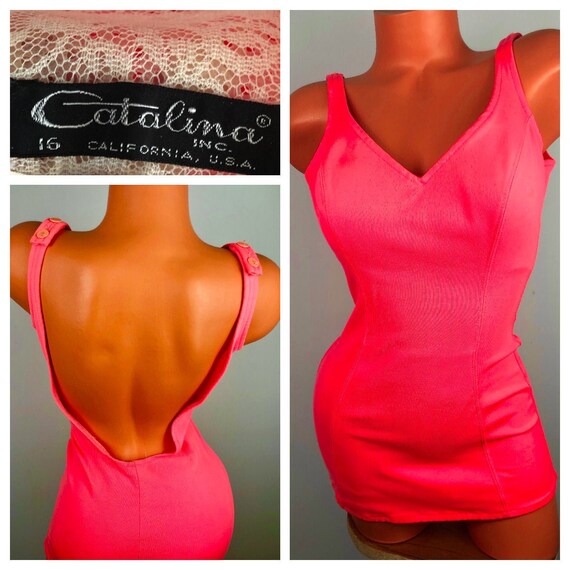 VINTAGE 50s 60s CATALINA Swimsuit One Pc. Neon Co… - image 1