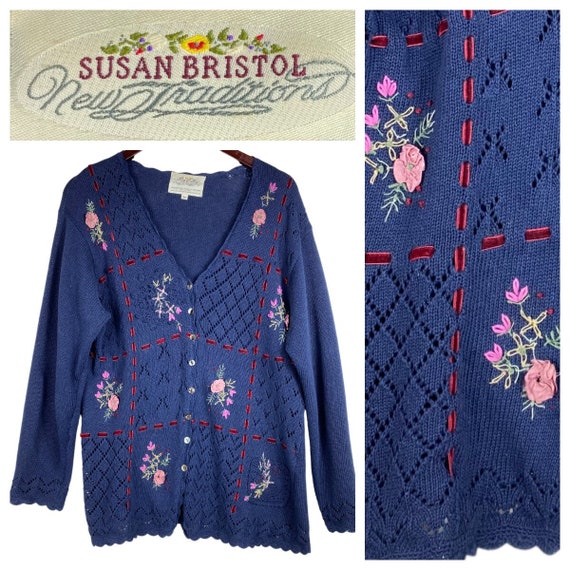 Vtg Susan Bristol Cardigan Sweater Medium Embroide