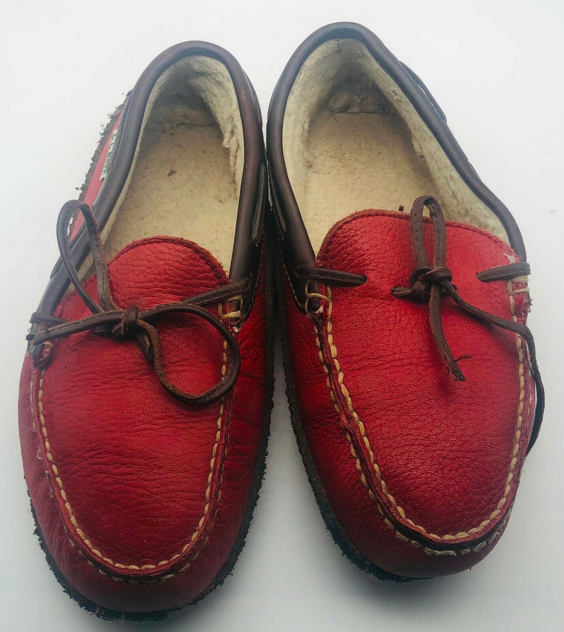 Vintage LL BEAN Womens 6 Moccasins Slippers Red Leather Fur - Etsy