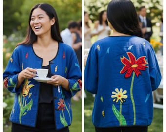 Indigo Moon 2X 18 20 XXL Jacket Coat Art to Wear Floral Garden Blue Embroidered