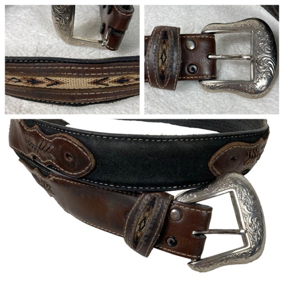 Vtg Nocona Mens 36 Leather Belt Silver Buckle Western  display picture 2