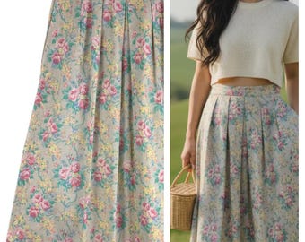 Vtg Portraits by Northern Isles Sz 8 Medium Maxi Skirt Floral LINEN Cottage Tan