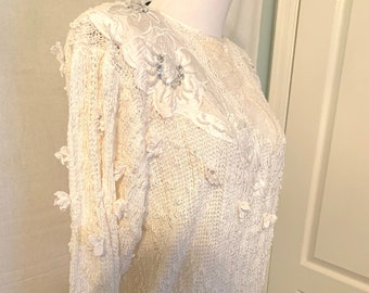 Vintage Italian Beaded Pearl Knit White Sweater
