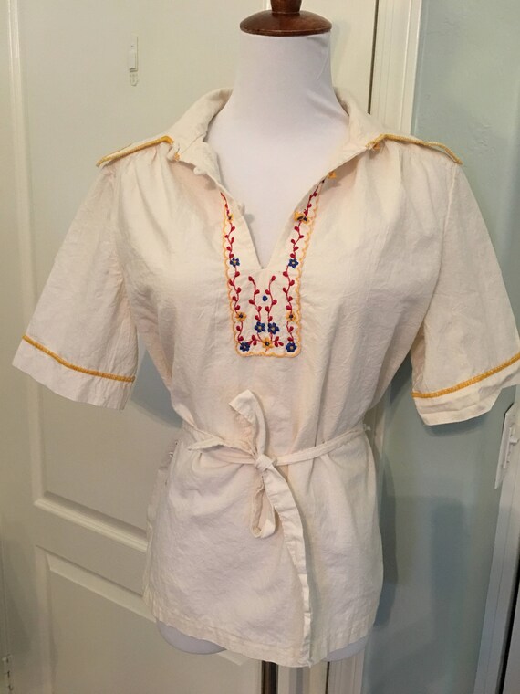 Amazing Vintage 70s Cotton Guaze Embroidered Shor… - image 2