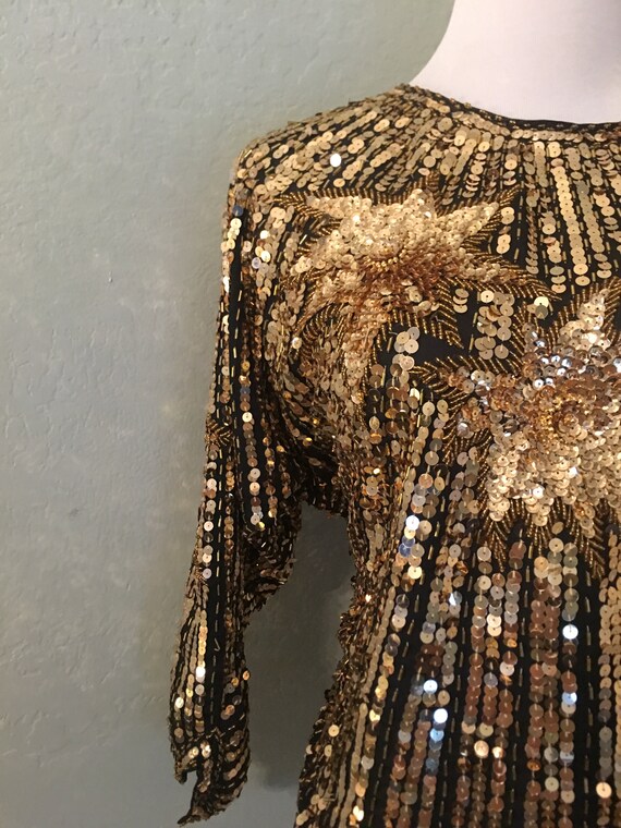 Vintage Hand Embroidered Black and Gold Sequin Do… - image 3