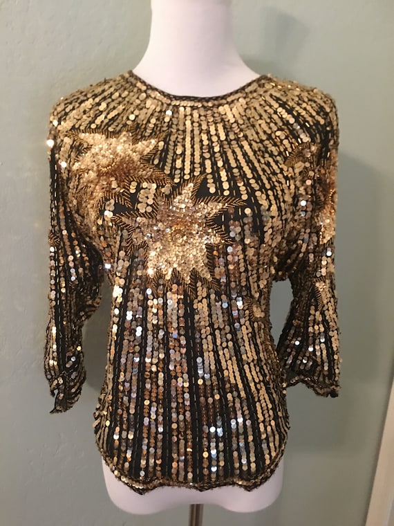 Vintage Hand Embroidered Black and Gold Sequin Do… - image 1