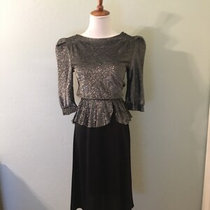 Vintage Jb Xpress Open Back Puff Sleeve Silver and Black Dress