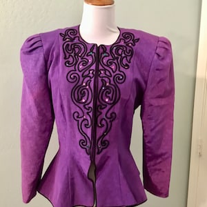 Vintage 80s Puff Sleeve Embroidered AJ Bari Lillie Rubin Purple Black Peplum Jacket