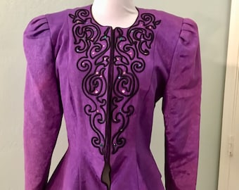 Vintage 80s Puff Sleeve Embroidered AJ Bari Lillie Rubin Purple Black Peplum Jacket