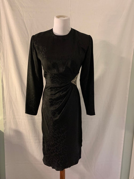 Vintage Black Silk Jacquard Beaded Dress - image 1