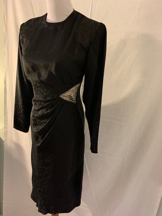 Vintage Black Silk Jacquard Beaded Dress - image 3