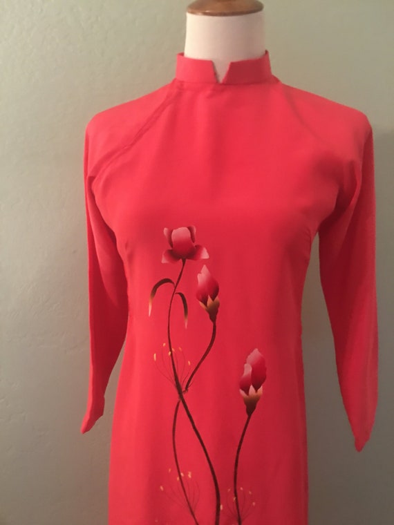 Vintage 70s Trang Oriental Coral Floral Dress Tuni