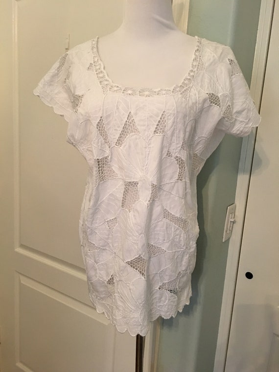Vintage 70's White Lace Embroidered Cotton Blouse - Gem