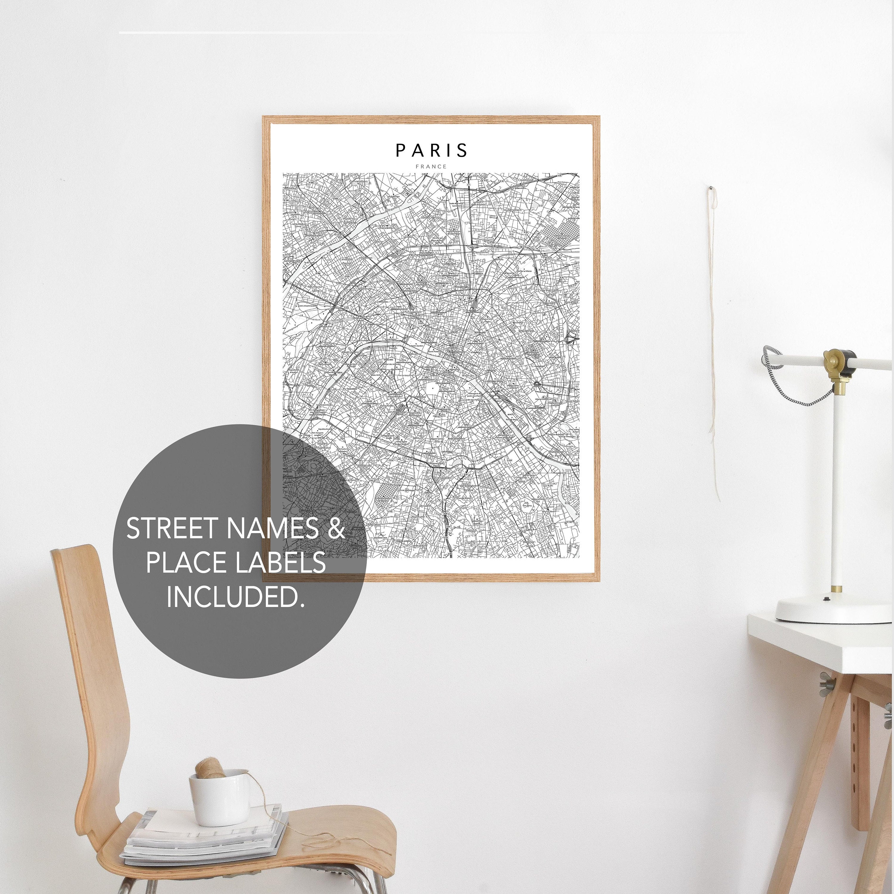 Paris Map Print Paris Street Names Map Paris Map Poster Etsy