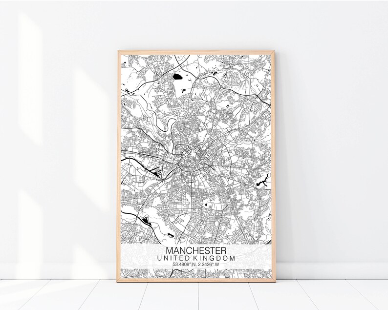Black /& White Map Wall Art Custom Map Print Manchester Map Print Personalised Map Print Manchester Map Poster