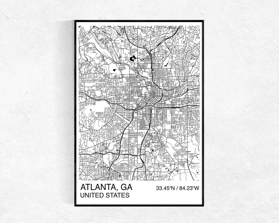Atlanta City Map Print Custom Map Print Street Map Black &amp; | Etsy