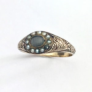Antique 9CT Gold Hair and Seed Pearl Mourning Ring Georgian Victorian