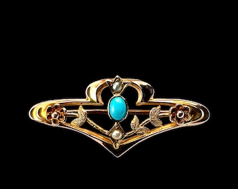 Broche floral antigo eduardiano em ouro 9 quilates, turquesa e pérola.
