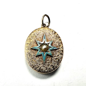 Antique Victorian Gold Turquoise Enamel Star Locket Pendant with Pearl