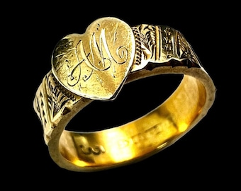 Antik edwardiansk 15CT guldring med hjärta och hår