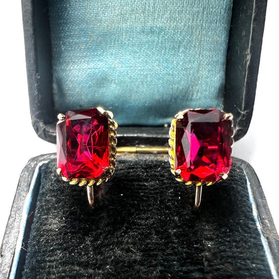 Antique 9CT Gold Ruby Red Paste Screwback Earrings - image 1