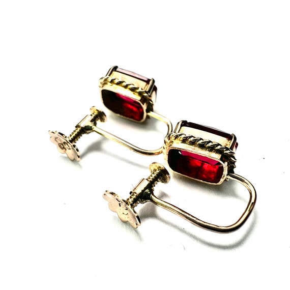 Antique 9CT Gold Ruby Red Paste Screwback Earrings - image 4