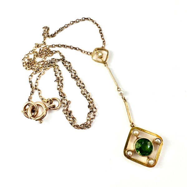 Antique Edwardian 9CT Gold Pearl Paste Peridot Necklace