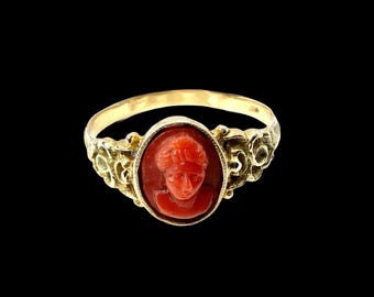 Antique Gold Carved Coral Cameo Ring • Victorian Georgian