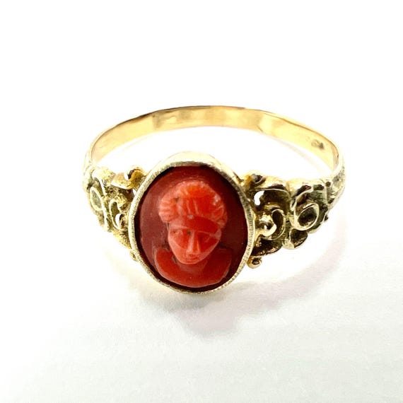 Large Antique Gold Carved Coral Cameo Ring • Victorian Georgian