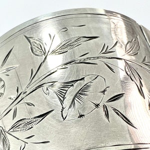 Antique Victorian Sterling Silver Cuff Bangle: Floral Etched Bracelet
