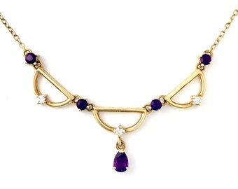 Vintage Amethyst and Diamond 9CT Gold Festoon Style Necklace