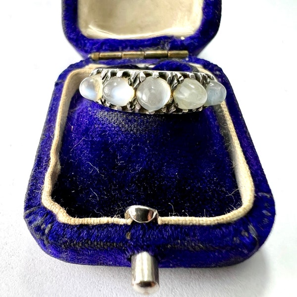 Rare Antique Edwardian Moonstone Sugarloaf Cabochon Five Stone Silver Ring