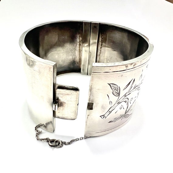 Antique Victorian Wide Sterling Silver Hinged Cuf… - image 3