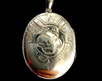 Large Antique Victorian Bird Engraved Silver Locket Pendant