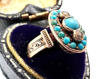 ビクトリアン ターコイズ & シード パール リング 14K イエロー