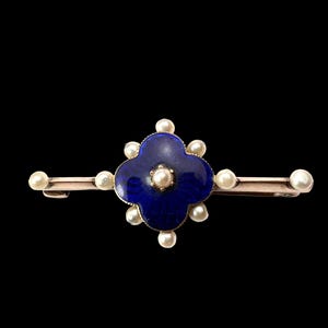 Op de afbeelding: Een vintage speld met een centraal blauw geëmailleerd bloemmotief, geaccentueerd met kleine parels. De speld heeft een goudkleurige metalen zetting en een klassieke sluiting.