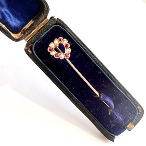Boxed Antique 9CT Gold Paste Ruby Pearl Stick Pin