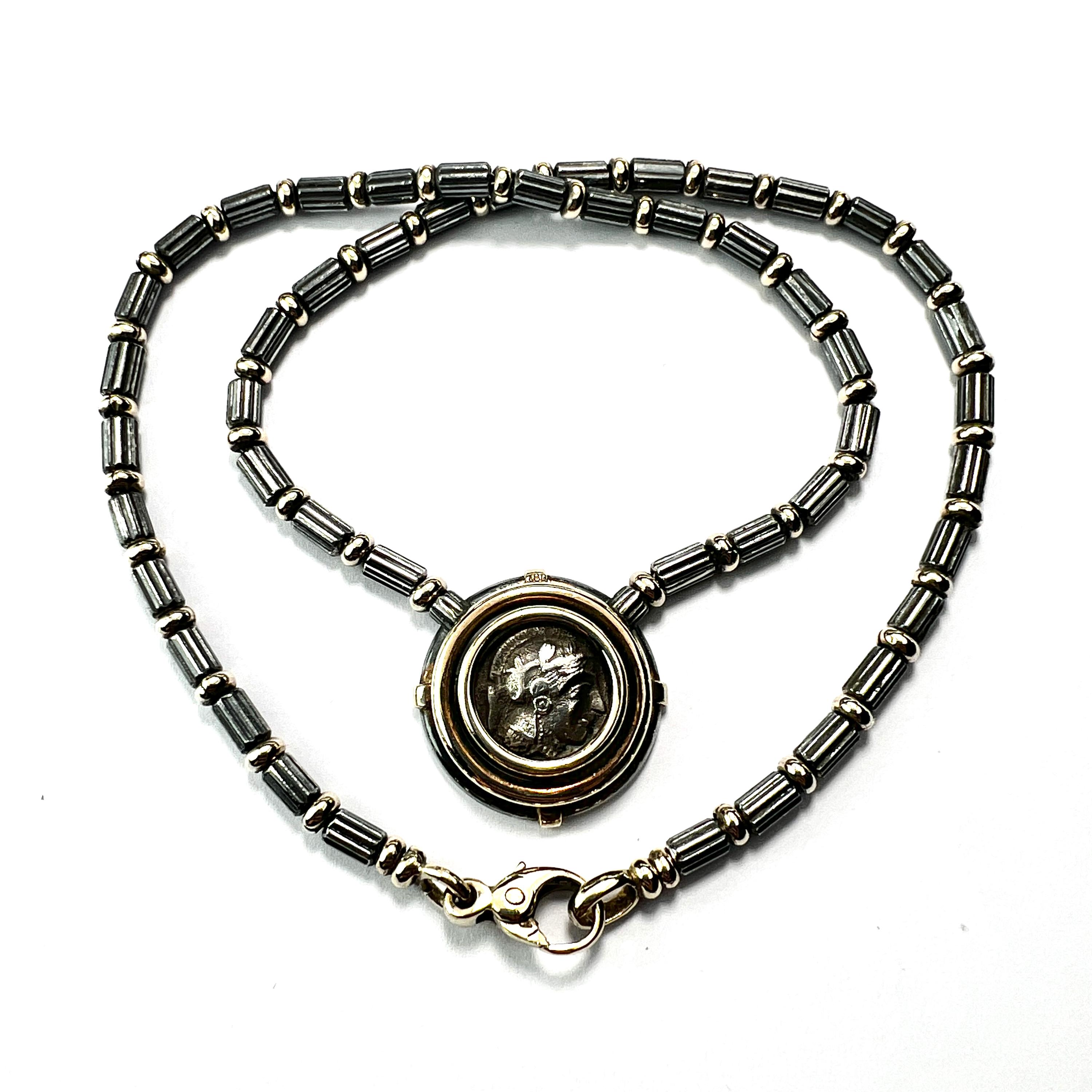 Vintage Ancient Athenian Owl Tetradrachm Coin 18CT Gold and Silver Necklace