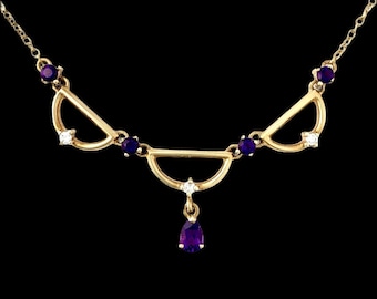 Vintage Amethyst and Diamond 9CT Gold Festoon Style Necklace
