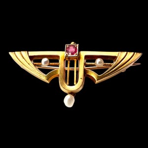 Art Nouveau Jugendstil 14CT Gold Ruby Pearl Brooch