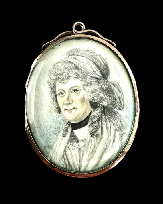 Large Regency/Victorian Lady Handpainted Miniature Portrait Pendant