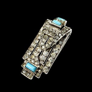 Vintage Art Deco Silver Paste Turquoise Dress Fur Clip